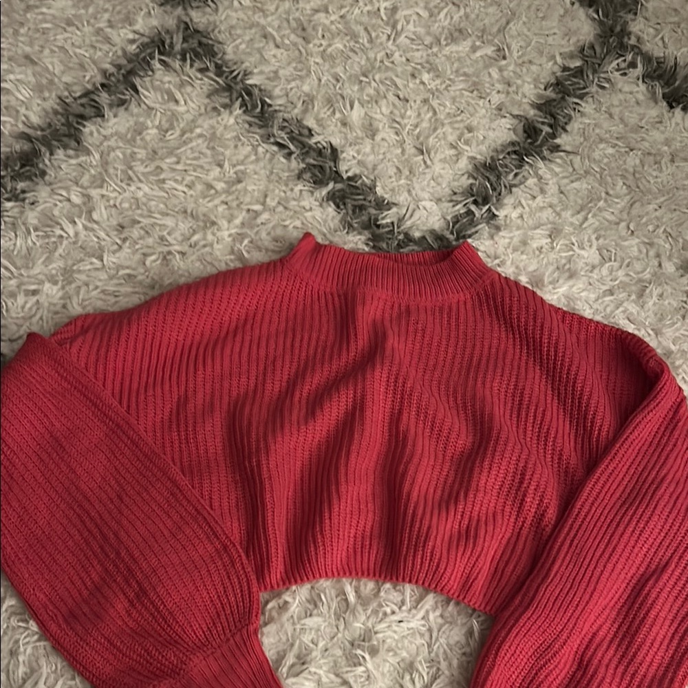 Vibrant Red Cowl Neck Sweater with Ribbed Texture